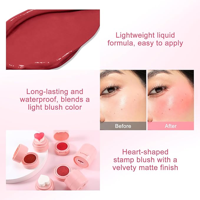 Boobeen Liquid Blush for Cheeks, Buildable & Blendable Face Blusher, Cheek Stamp Blush with Heart-shaped Applicator, Lightweight Air Cushion Blush for Velvet Matte Finish-Velvo Beauty