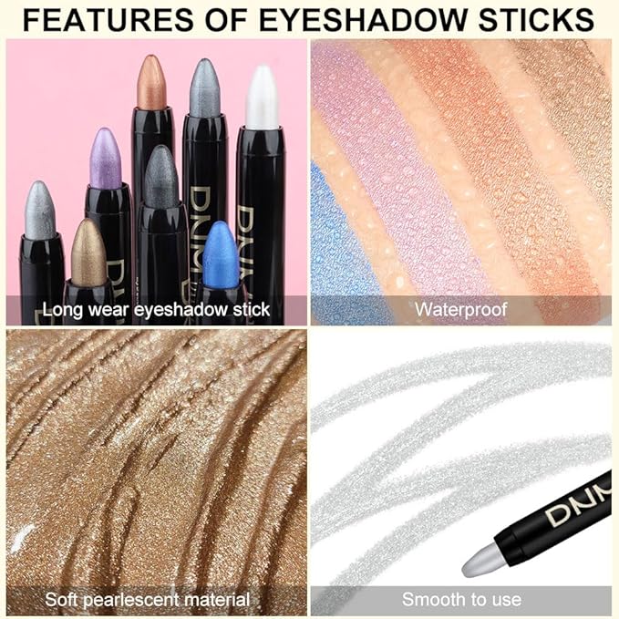 8Pcs Glitter Eye Shadow Sticks Liner Pencils Makeup, Pearl White Smokey Black Gray Silver Violet Purple Khaki Royal Blue Shimmer Glitter Eyeliner Pencil Cream Eyeshadow Palette Makeup for Older Women-Velvo Beauty