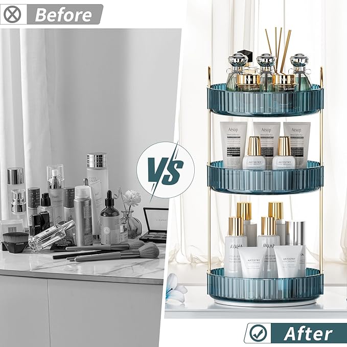 360° Rotating Makeup Organizer, Bathroom Organizers and Storage Holder Rack, Large Capacity Vanity Shelf Countertop, Fits Cosmetics, Perfume, Skin Care(Blue, 3 Tiers)-Velvo Beauty