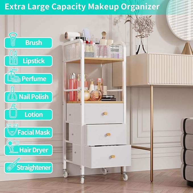 HapiRm Rolling Makeup Cart Organizer - Floor Skincare Make Up Storage with 3 Drawers, Vanity Organizer Cosmetic Display Cases Holder for Skin Care Perfume Nail Polish Brush Hair Tool-Velvo Beauty