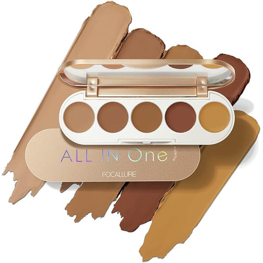 FOCALLURE #GoldenAge 5 in 1 Multi Uses Concealer Palette, 5 Colors Correcting Conceal Palette, Camouflage Contour Palettes for Dark Circles, Face Contouring Highlighter Pallet, BR01 DEEP-Velvo Beauty