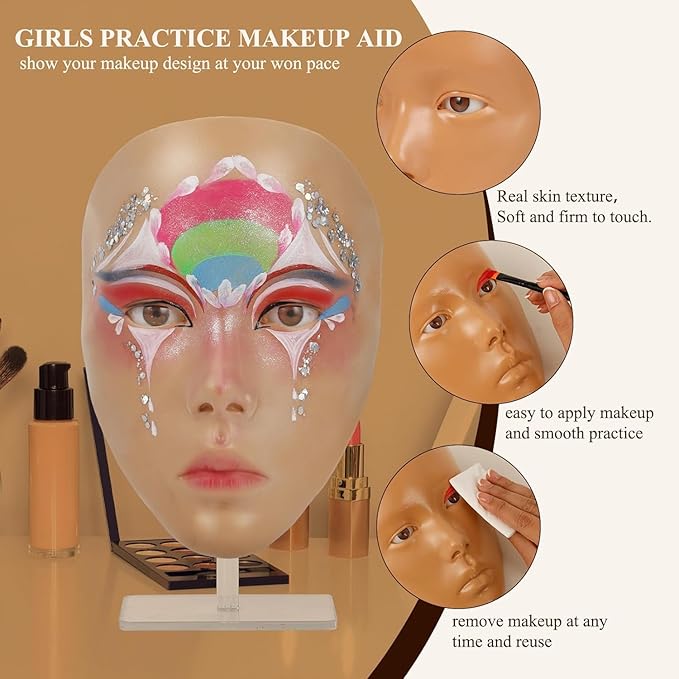 Make Up Practice Face, Face Painting Mannequin Head with Stand, 5D Reusable Silicone Face Practice Board, Mannequin Head for Makeup with Makeup Kit, Practice Face for Makeup Artist & Beginner, Brown-Velvo Beauty