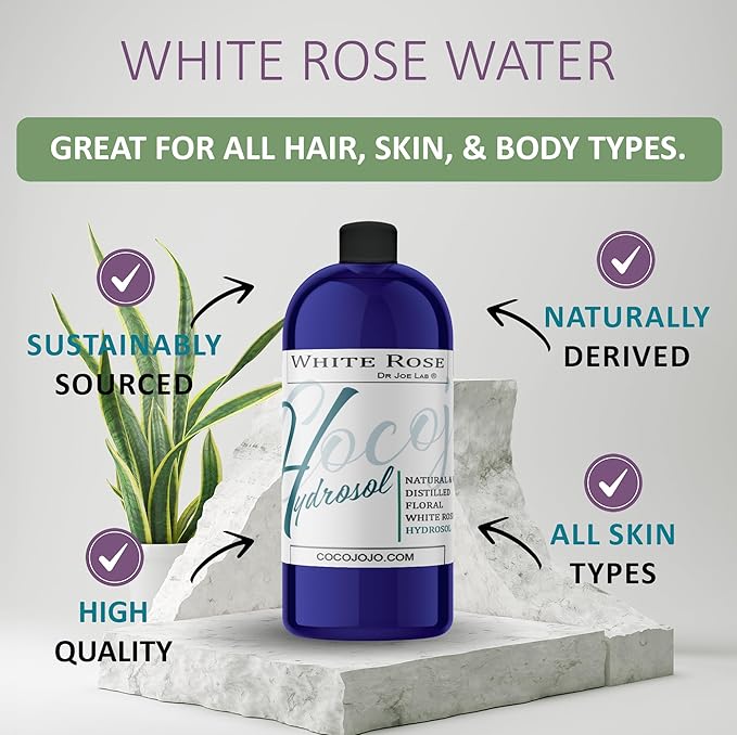 Dr Joe Lab White Rose Water Hydrosol - Pure Natural Distilled Bulgarian Rosewater Non-GMO Vegan Hydrating Toning Spray Mist Face Hair Skin Pores Locs Dreads - Packaging May Vary (32 oz)-Velvo Beauty