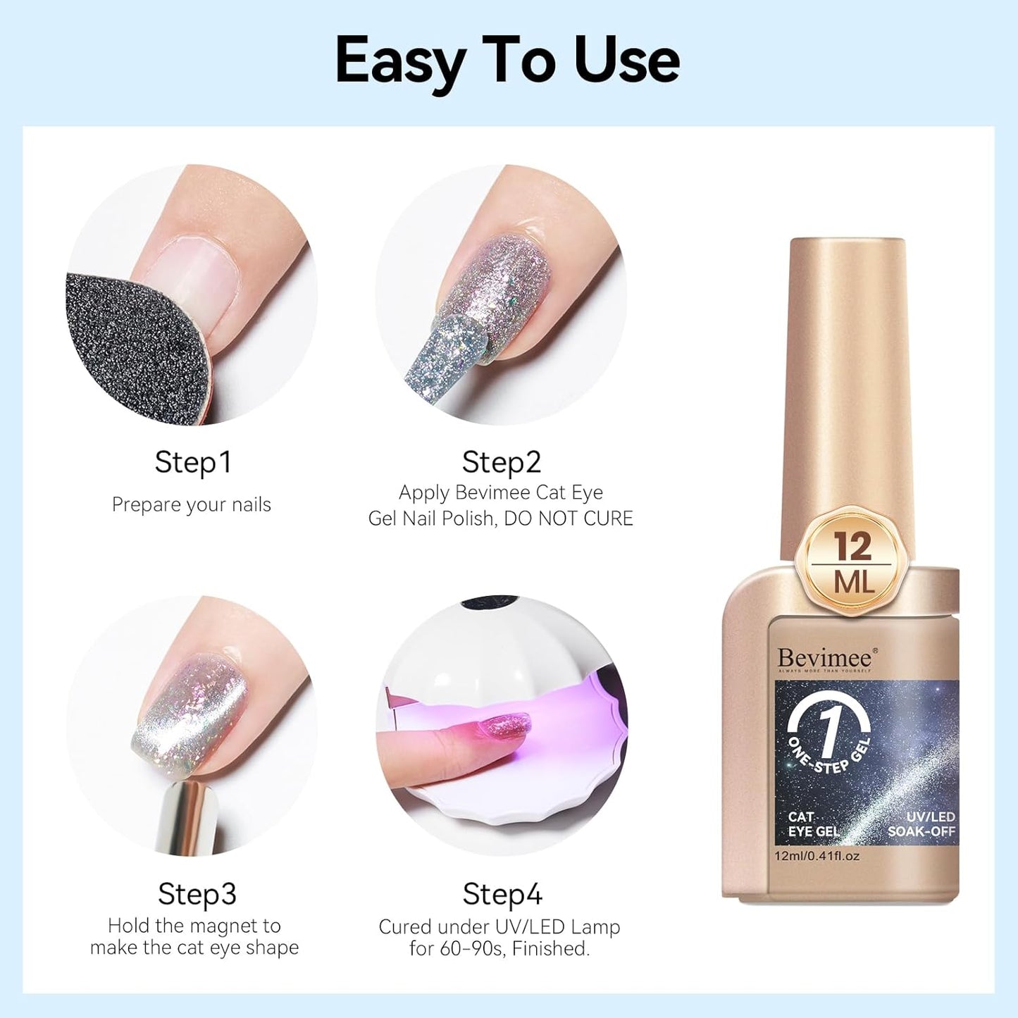 Cat Eye Gel Nail Polish 12ML, 3 In 1 Step Holographic Cateye Gel Polish With Magnet, Silver Glitter Magnetic Crystal Ice Shimmer Soak Off UV/LED Nail Art Design-Velvo Beauty