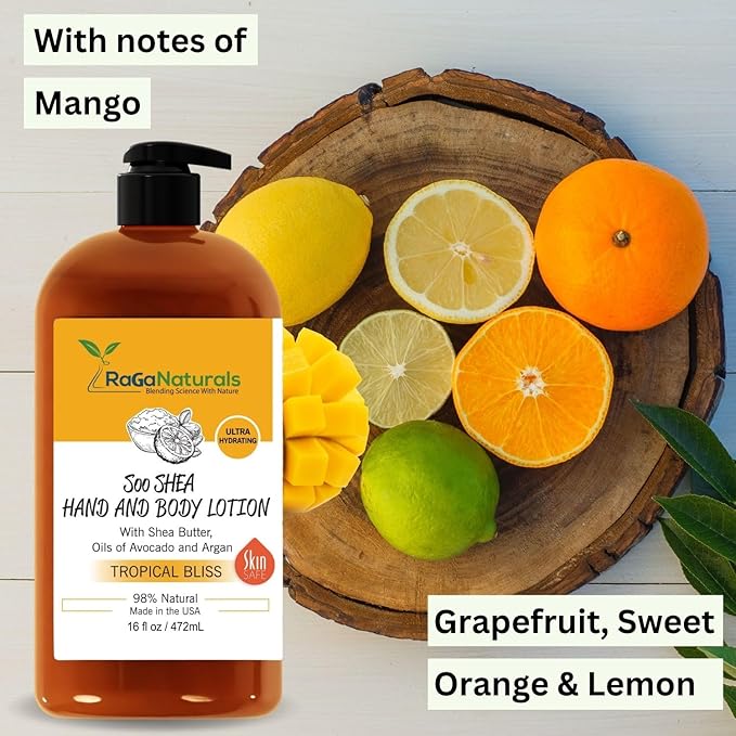 RaGaNaturals Natural Mango Body Lotion for Dry Skin - Tropical Bliss Moisturizer with Shea Butter, Vitamin E, B5, Argan & Avocado Oil - Refreshing Fruity Scent, Plant Based, Non-Greasy, Vegan - 16 Oz-Velvo Beauty