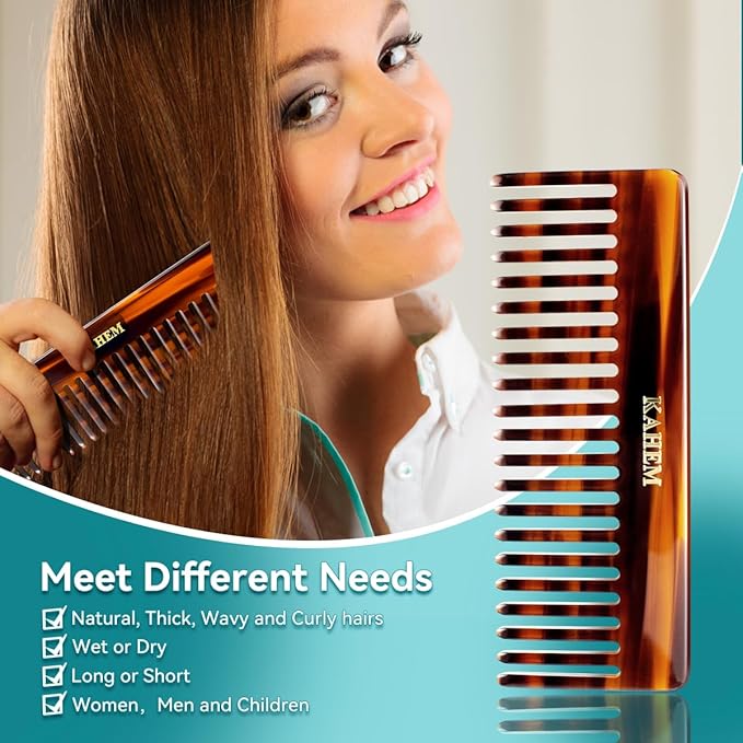 KAHEM Large Wide Tooth Detangler Comb for Women, Men, and Kids - Handmade for Curly, Long, and Short Hair - Professional Wet and Dry Hair Cutting Comb - 6.29 Inch-Velvo Beauty