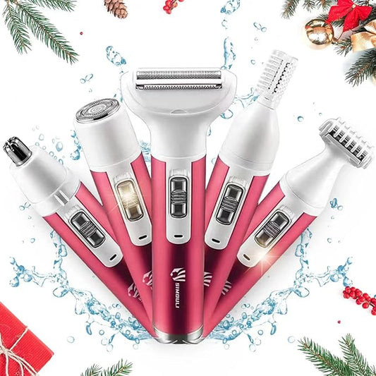 Electric Razor for Women,5 in 1 Womens Shaver Electric Bikini Trimmer Pubic Hair Removal Wet & Dry Painless Shaver for Legs Underarms Eyebrow Face Nose and Bikini Line Razor (Red)-Velvo Beauty