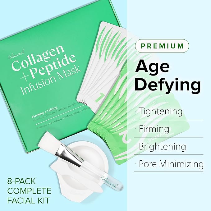 Ebanel Collagen Peptides Wash-Off Face Mask Set, 8 Pack Instant Skin Tightening and Lifting Masks, Brightening Face Mask with Niacinamide, Glutathione, Hyaluronic Acid, Vitamin C, Cica, B5, Albumen-Velvo Beauty