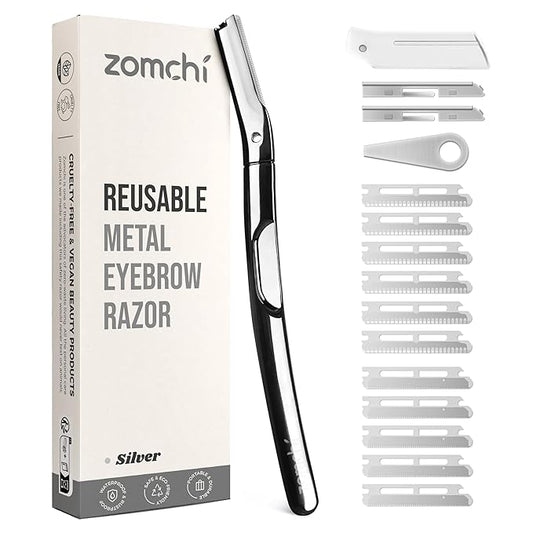 ZOMCHI Eyebrow Razor and Face Razor for Women and Men, Reusable Metal Handle with 11 Refill Blades, Dermaplane Razor with Protective Silicone Cap, Eyebrow Hair Trimmer - Polished Silver-Velvo Beauty