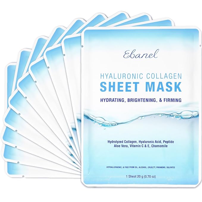 Ebanel 10 Pack Collagen Face Mask with Hyaluronic Acid, Vitamin C, Peptide, Aloe, Instant Brightening Hydrating Face Masks Skincare Korean Sheet Mask, Skin Firming, Lifting Anti Aging Facial Masks-Velvo Beauty