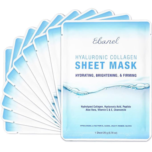 Ebanel 10 Pack Collagen Face Mask with Hyaluronic Acid, Vitamin C, Peptide, Aloe, Instant Brightening Hydrating Face Masks Skincare Korean Sheet Mask, Skin Firming, Lifting Anti Aging Facial Masks-Velvo Beauty