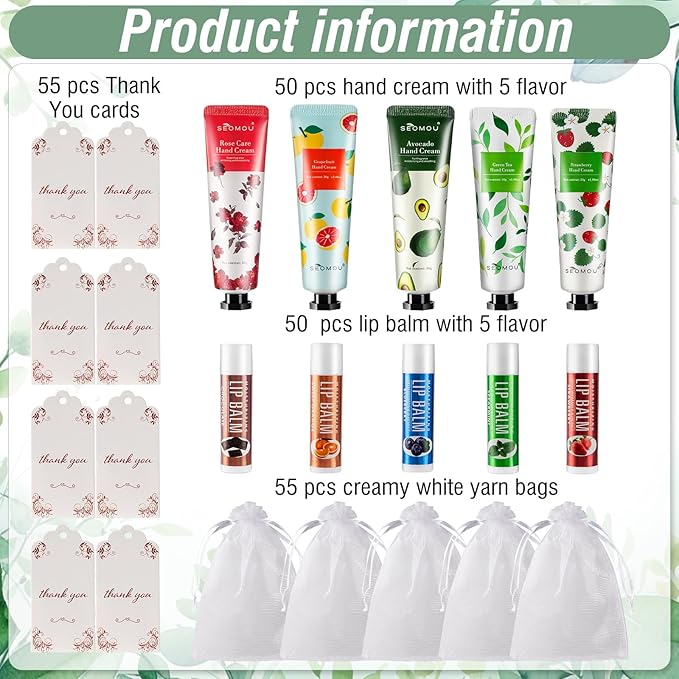 50 Set Bridal Shower Favors for Guests,Hand Cream Bulk and Lip Balm Bulk for Bridal Wedding or Baby Shower Party Gifts for Adults with Organza Bag Thank You Card-Velvo Beauty