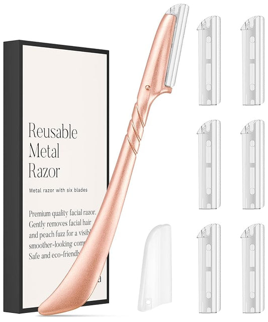 ennva Eyebrow Razor for Women-Eyebrow Trimmer Dermaplaning Tool-Ergonomic Eyebrow Shaper & Facial Razor for Peach Fuzz-Exfoliating Face Razor for Eyebrows-Eye Brow Shaver Razors w/7 Blades- Rose Gold-Velvo Beauty