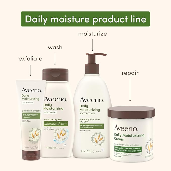 Aveeno Daily Moisturizing Body Lotion with Soothing Prebiotic Oat, Gentle Lotion Nourishes Dry Skin With Moisture, Paraben-, Dye- & Fragrance-Free, Non-Greasy & Non-Comedogenic, 12 fl. Oz-Velvo Beauty