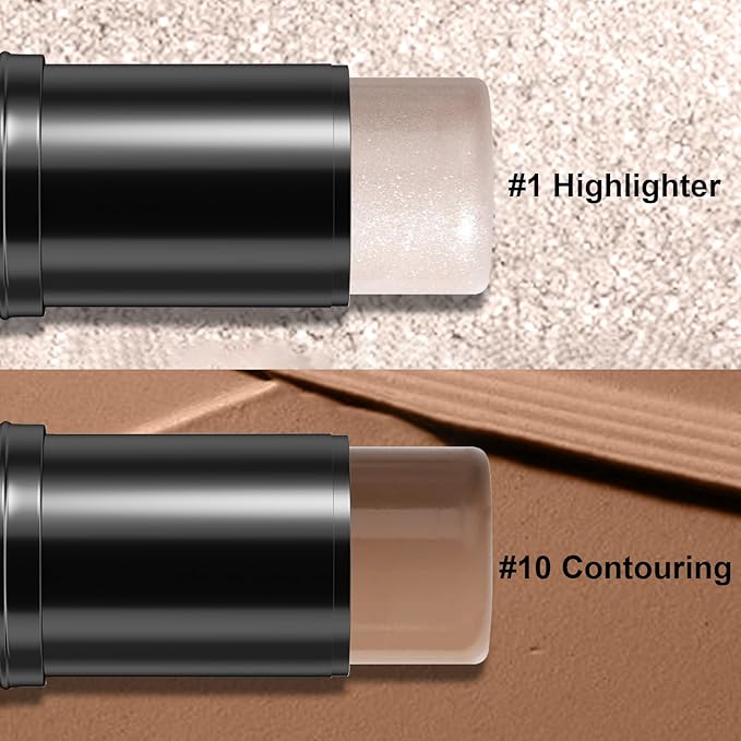 2Pcs Cream Contour Stick Makeup Kit, Cream Highlighter Stick and Bronzer Contour Stick with Longwear Waterproof Formula for Brightening and Trimming the Cheeks, Makeup Brush Include (#01, 10)-Velvo Beauty