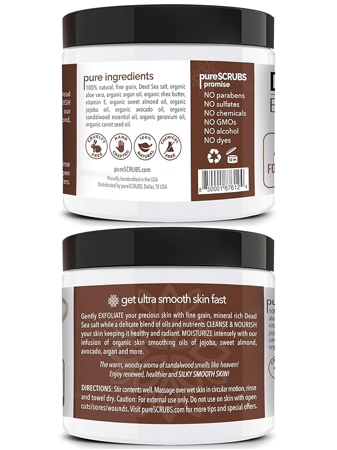 pureSCRUBS Premium Sandalwood Body Scrub Set - Large 16oz Dead Sea Salt Body Scrub With Infused Essential Oils & Nutrients, Includes Wooden Spoon, Loofah & Oatmeal Exfoliating Bar Soap-Velvo Beauty