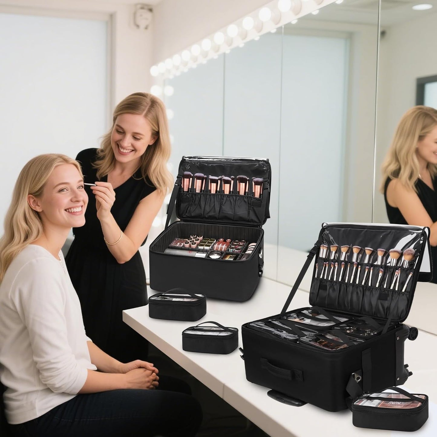 Rolling Makeup Bag Professional Makeup Artist Bags 2 in 1 Cosmetics Case Extra Large Trolley Travel Case with 360° Swivel Wheels and Adjustable Dividers-Velvo Beauty