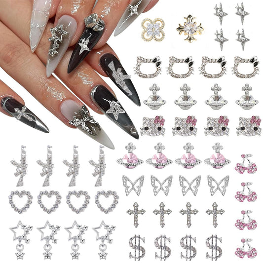 50Pcs Nail Charms Rhinestones Gems Kitty Heart Star Gun Planet Cross Jewelry for Acrylic Nails Accessories Women Nail Decorations Manicure Craft DIY Nail Art Supplies-Velvo Beauty