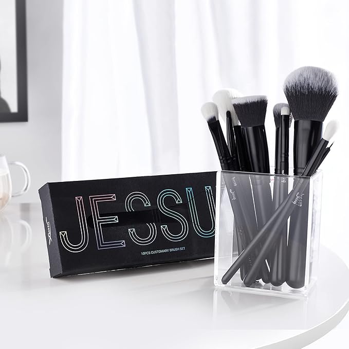 Jessup Makeup Brush Set 10pcs Black Make up Brushes Set Professional with Natural Synthetic Hair for Foundation Blending Blush Concealer Eyeshadow Eyebrow Eyeliner, T323-Velvo Beauty