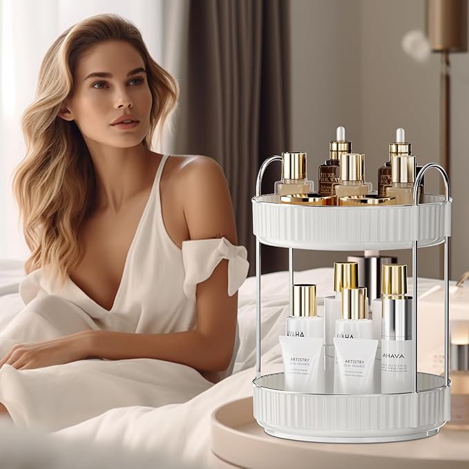 Rotating Makeup Organizer for Vanity, 2 Tier High-Capacity Skincare & Makeup Storage, Perfume Organizer, Cosmetic Dresser, Countertop 360 Spinning-Velvo Beauty