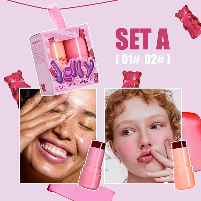 2 Pcs Milk Jelly Blush, Milk Cooling Water Jelly Tint, Vivid Color Water Jelly Tint Milk Blush, Sheer Eye Lip & Cheek Stick Stain, Long Wearing, Watercolor Finish Lip Gloss for Women, 01&02-Velvo Beauty