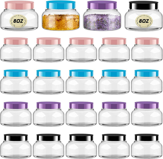 Tessco 24 Pack Plastic Jars with Lids Labels Empty Clear Plastic Jars Round Refillable Cosmetic Containers Body Butter Containers Bulk Sugar Scrub Bottle for Make Up(8 oz,Multicolor)-Velvo Beauty