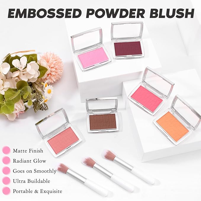 Cherry Blush Powder Blush for Cheeks with Brush, Matte Blush Palette Blush Powder Face Blusher, Natural Blendable Formula Silky Lightweight Makeup Blush Rubores de Maquillaje, 015#-Velvo Beauty
