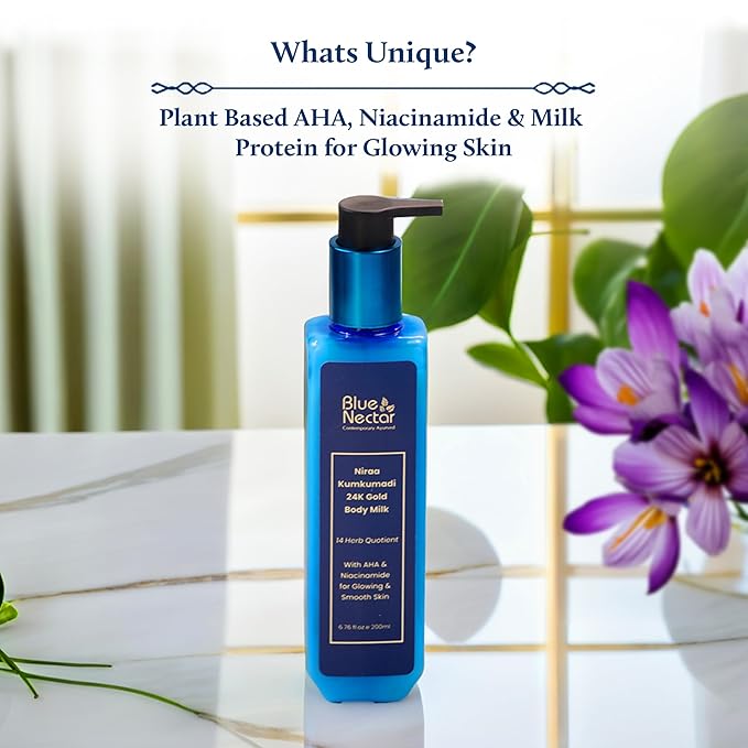 Blue Nectar 24K Carat Gold Body Milk for Women & Men | Body Lotion with Plant Based AHA & Niacinamide | Moisturizer for Body | All Skin Types (14 Herbs, 6.76 Fl Oz)-Velvo Beauty