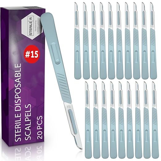Disposable #15 Scalpel Blades, Sterile Pack of 20 Dermaplaning Blades with Plastic Scalpel Handle, Surgical Knife Scalpel for School Science, High Carbon Steel Dermablade Surgical Blades-Velvo Beauty