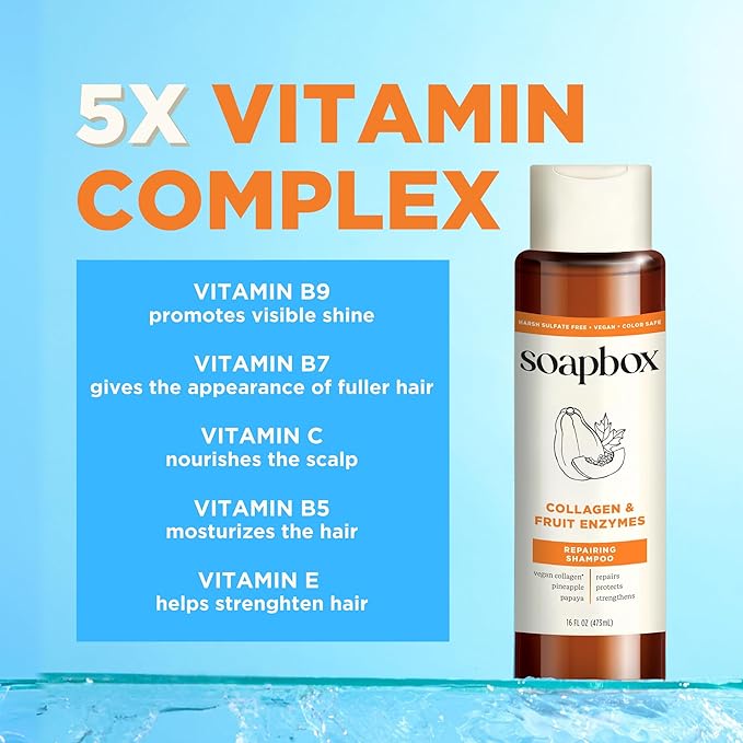 Soapbox Collagen Shampoo & Conditioner, For Dry, Fine or Thin Hair, Strengthening with Collagen & Peptides for Fuller Looking Hair, 16oz Each (Pack of 2)-Velvo Beauty