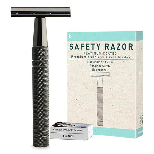 Gun Black Safety Razor, Single Blade Razors for Men & Women, with 10 Stainless Steel Double Edge Blades, Reusable Metal Razor, 1 Blade Razors, Eco-Friendly, Smooth and Close Shave, Plastic Free-Velvo Beauty