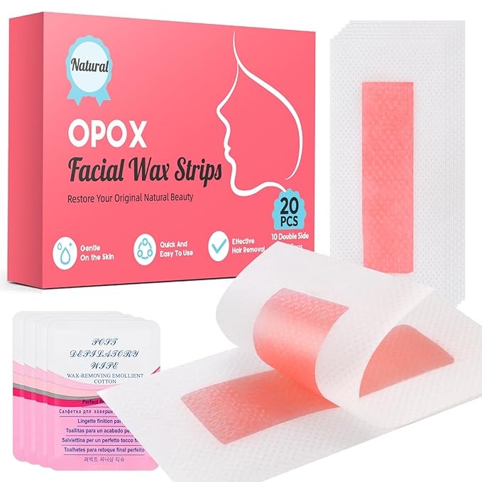 20PCS Facial Wax Strips for Hair Removal, Facial Hair Removal for Women, Waxing Kit for Women's Face, Bikini, Chest, Body, Arms, Legs, Back, & Brazilian | 20ct Waxing Strips & 4 calming Oil Wipes-Velvo Beauty