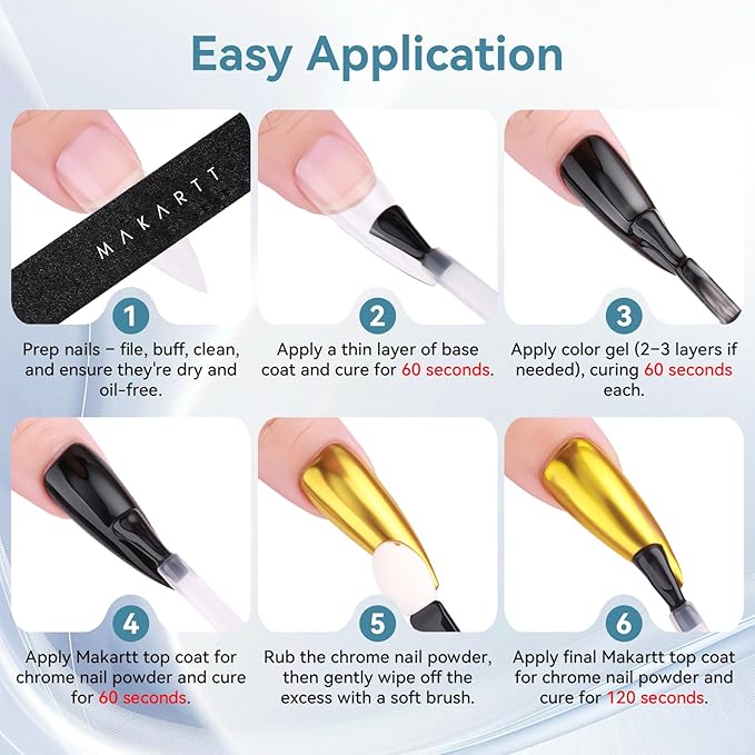 Makartt Gel Top Coat for Chrome Nail Powder - 2 Pcs 15ml Clear No Wipe High Gloss Top Coat Gel Nail Polish Mirror Shine Long Lasting Easy Application, Soak off UV Lamp, DIY Home Salon Art Design-Velvo Beauty