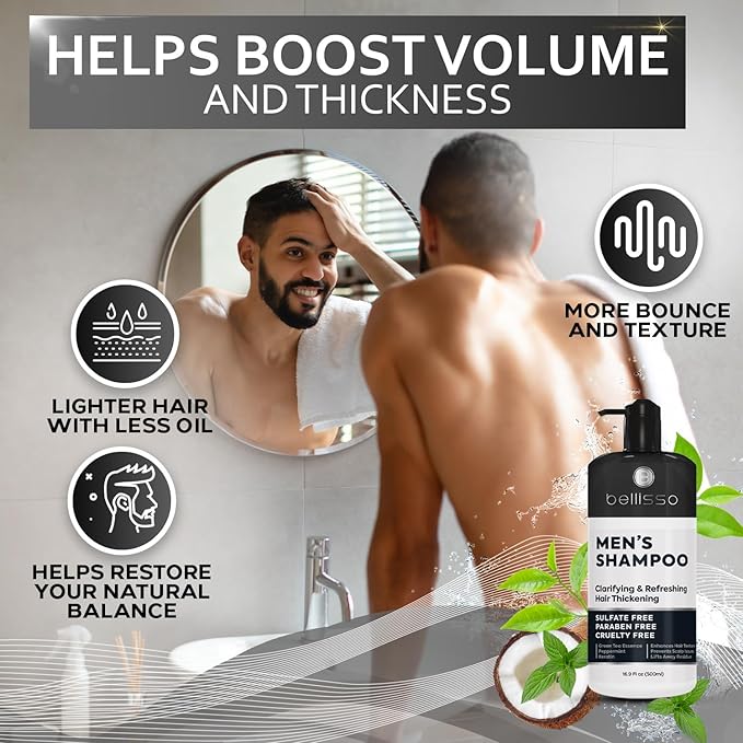 Shampoo for Men - Tea Tree Oil and Peppermint - Sulfate Free, Paraben Free - Clarifying, Refreshing, Volumizing & Moisturizing Hair Thickening Formula - Ideal for Oily Hair, Dry Scalps and Build Up-Velvo Beauty