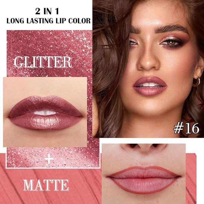 evpct Mauve Pink Metallic Glitter Lip Liner and Lipstick Combo Lip Gloss Stain Set Makeup for Women Long Lasting Waterproof 24, Dusty Rose Metallic Shimmer Frosted Iridescent Glossy Liquid Lipstick 16-Velvo Beauty
