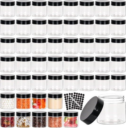 50pcs 2 oz Clear Plastic Round Jars with Black Lids, 2oz 60ml Leak-Proof Wide-Mouth Cosmetic Storage Containers for Kitchen Use, Beauty Products, Cream, Scrubs, Bath Salt and More-Velvo Beauty