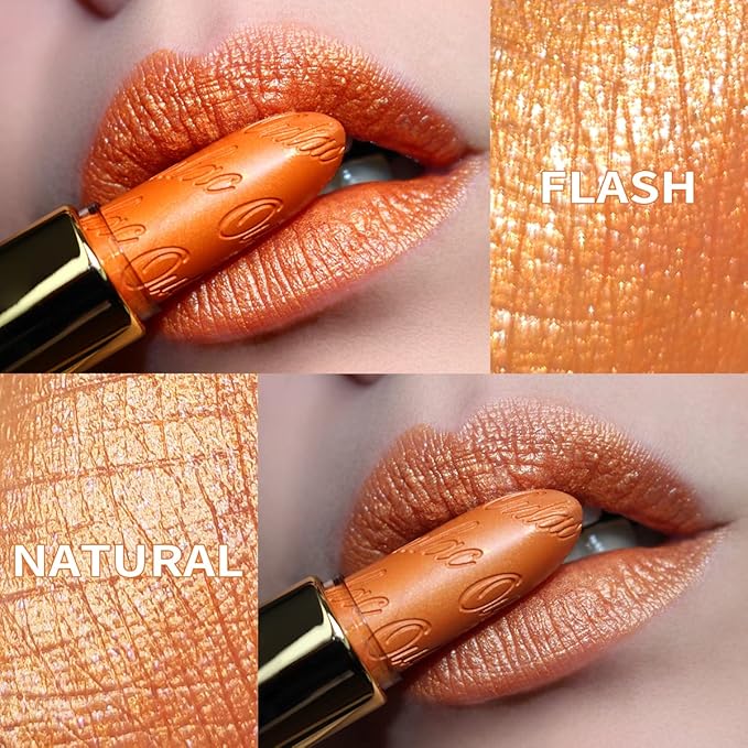 Oulac Pumpkin Color Lipstick with Metallic 3D Shine Hydrating Formula, High Impact Lip Color, Vegan Beauty, Full Coverage Lip Makeup, Christmas Gifts for Women, Persimmons(19)-Velvo Beauty