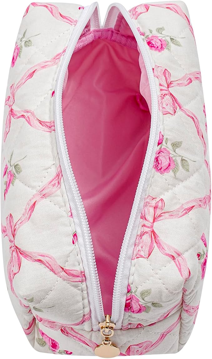 Makeup Bag Travel Cosmetic Bag for Women Girls, Zipper Make Up Pouch, Floral Flowers Toiletry Organizer Makeup, Portable Storage Bag, Cosmetic Travel Cloth Bag (2 Pack (L+S)/Pink Bowknot)-Velvo Beauty