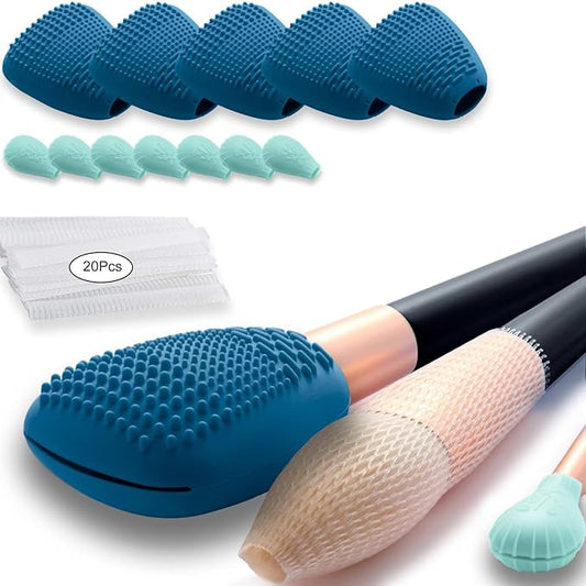 Silicone Travel Make-up Brush Holder with Cleaner Mat Pad, Organizer Case Covers for Foundation Eye Lip Brushes Storage Cleaning, Gift for Women Girl-friend Mother Wife, 5-Pcs Large + 7 Small, Blue-Velvo Beauty