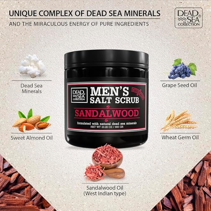Salt Body Scrub Sandalwood For Men – Moisturizes, Exfoliates & Nourishes Skin – Cleanses & Detoxifies with Dead Sea Minerals - Dead Sea Collection – 23.28 OZ-Velvo Beauty