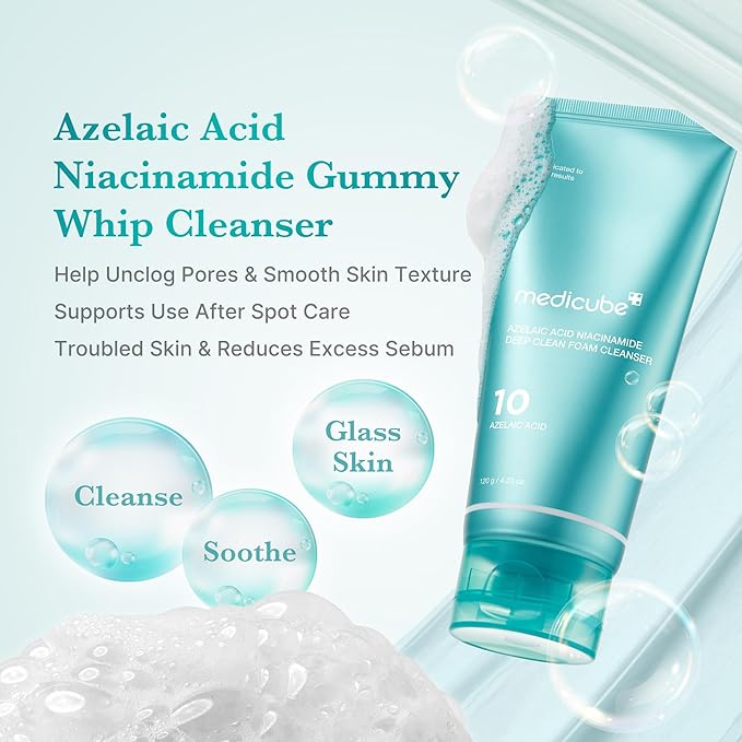 medicube Azelaic Acid Gummy Whip Cleanser | Cleansing Foam For Troubled Skin | Use After Spot Care & Excess Sebum Control | Niacinamide, Glycerin | Soothing, Pore Cleansing Face Wash | Korean Skincare-Velvo Beauty