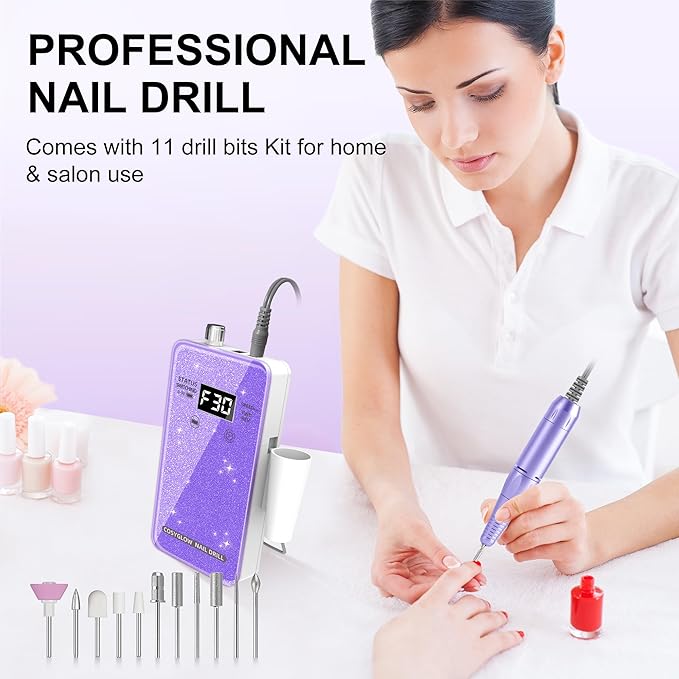 Professional Electric Nail Drill File:COSYGLOW Glitter Portable Cordless E-File Nail Drill Kit with 11 Drill Bits,30000 RPM Rechargeable Nail Drills Machine for Acrylic Nails Gel Polishing(Purple)-Velvo Beauty