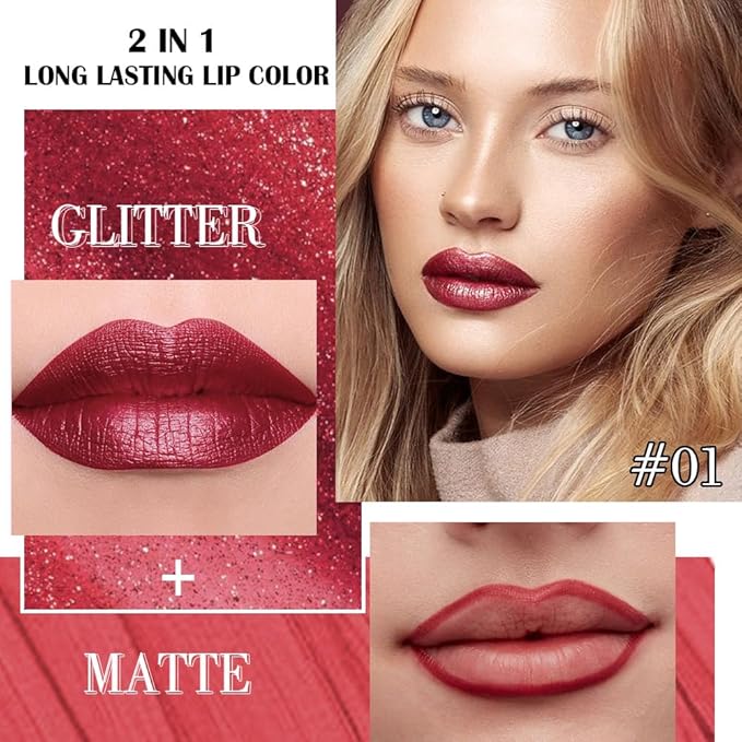 evpct Dark Red Metallic Glitter Lip Liner and Lipstick Combo Lip Gloss Stain Set Makeup for Women Long Lasting Waterproof 24, Wine Red Frosted Metallic Shimmer Glossy Chrome iridescent Liquid Lipstick-Velvo Beauty