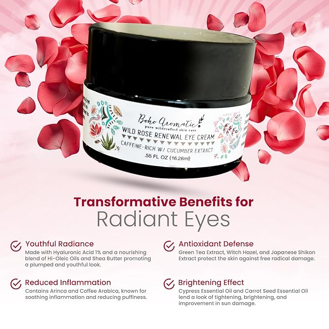 Wild Rose Renewal Eye Cream, Under Eye Cream, Natural Eye Cream for dark circles and fine lines, Green Beauty Product for under Eye area, Natural Skin Care .55 FL OZ (16.26ml)-Velvo Beauty