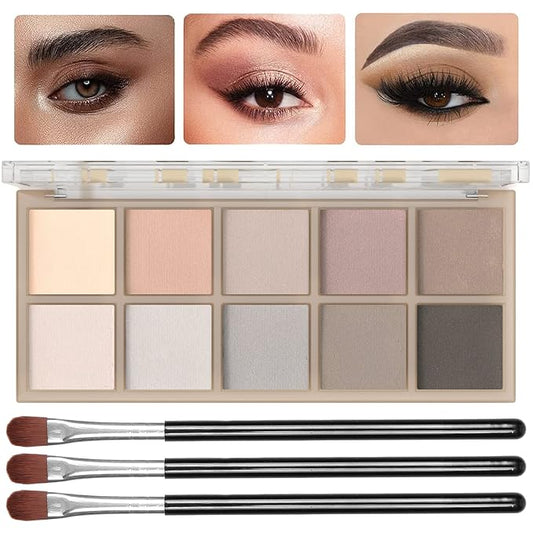 10 Colors Eyeshadow Palette Matte Naked Eye Shadow Makeup,High Pigmented, Naturing-Looking, Ultra-Blendable,Long Lasting High Pigment Nude Eyeshadow with 3 Eyeshadow Brush(Cement color)-Velvo Beauty