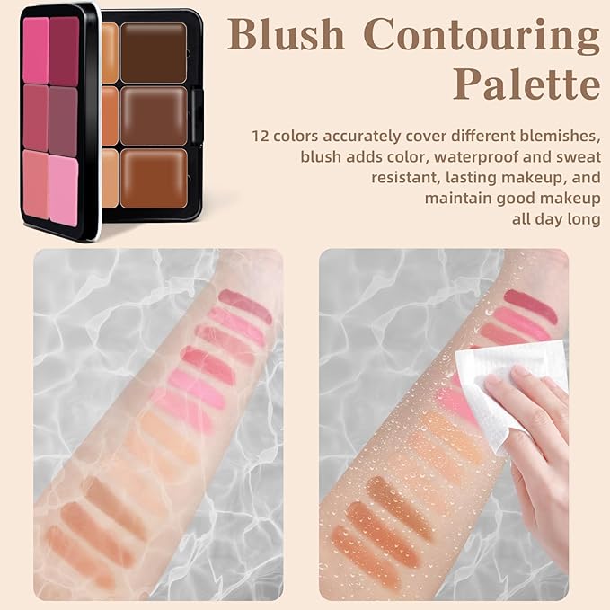 12 Colors Color Correcting Concealer Foundation Palette, Cream Blush and Concealer Palette, Long Wearing Smudge Proof Blendable Matte Finish Blush Powder Highlighter Cream Contour Palette Makeup (02)-Velvo Beauty