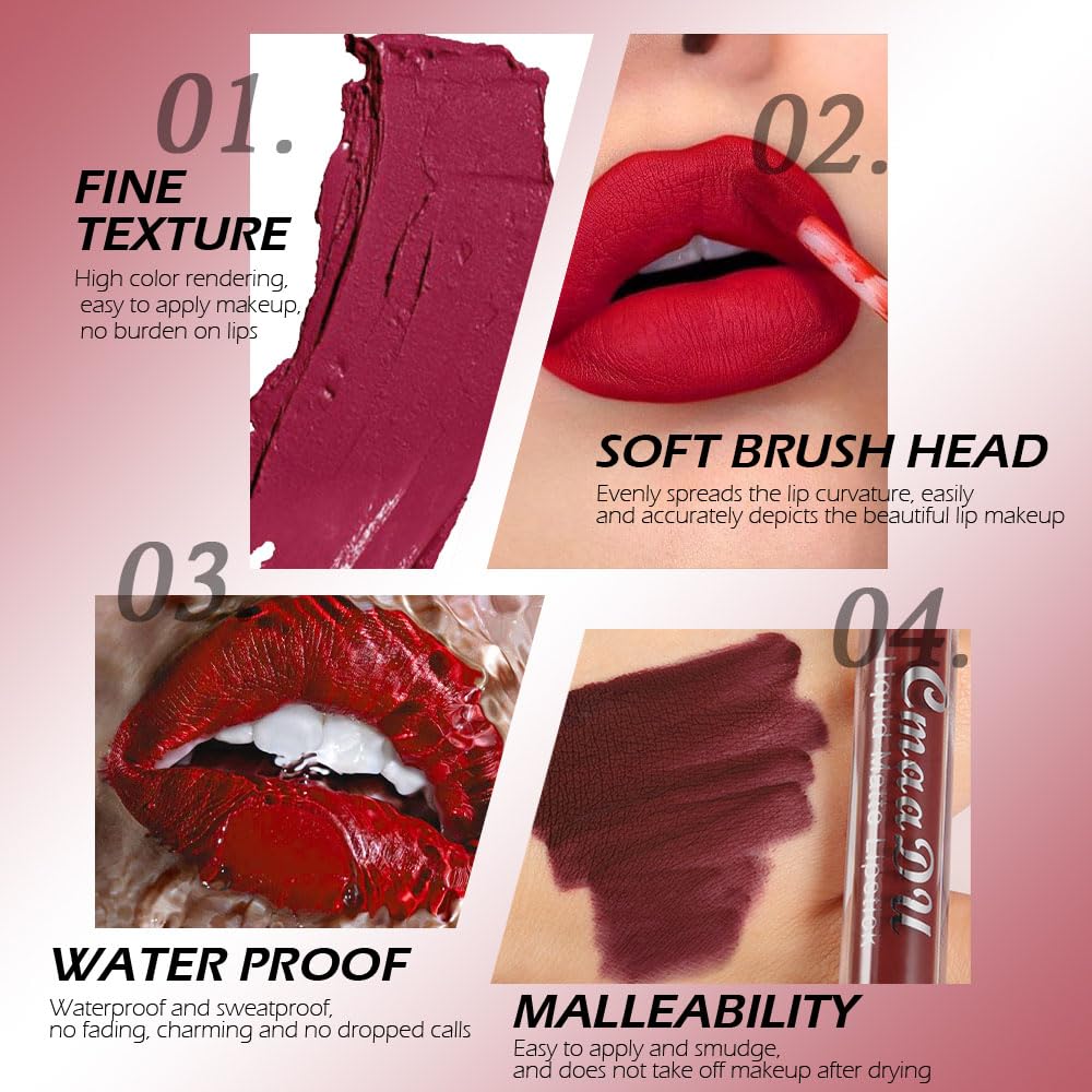 evpct 1Pcs Dark Red Liquid Matte Lipstick Lipgloss Set for Women, labiales mate 24 horas originales matte larga duracion 24 Hour Lipstick Lip Stains Long Lasting Waterproof 24, 16#-Velvo Beauty