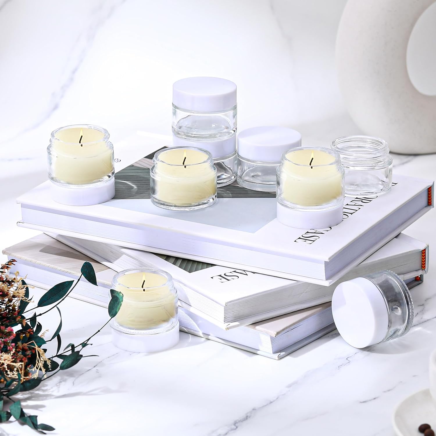 Domensi 100 Pcs 1 oz Glass Jars with Lids Bulk Round Glass Cosmetic Jars Lids 1 oz Small Travel Containers with Inner Liner for Lotions Powders Ointments Sample Cream(Clear, White)-Velvo Beauty
