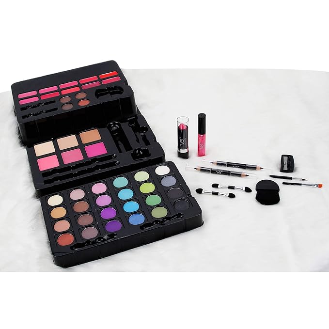 55pcs Makeup Gift Set Kit Train Case With Extendable Trays (eyeshadow, Blushes, Lipstick & More) - Vmk1304, White Glitter-Velvo Beauty