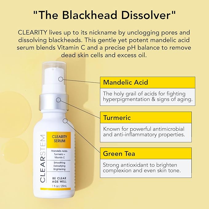 CLEARSTEM - CLEARITY The Blackhead Dissolver Mandelic Acid Serum - Vitamin C, Turmeric, Collagen Boost - All Skin Types - Facial Skin Care Products - Gluten Free, Cruelty Free - 1 fl oz / 29ml-Velvo Beauty
